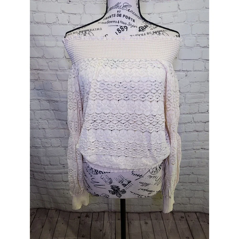 Zara Crochet Off The Shoulder Blouse Womens Medium Beige Textured Lace Overlay